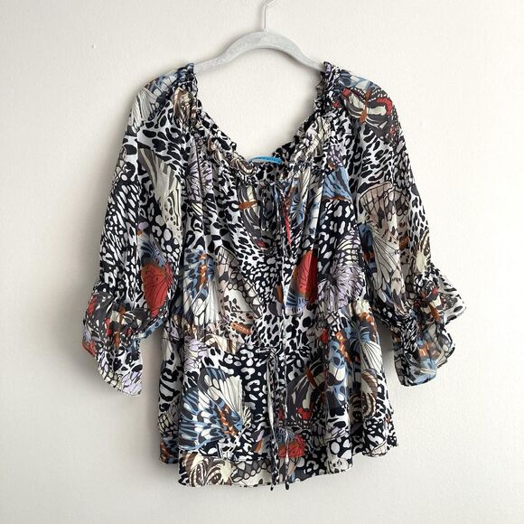 Alice + Olivia Womens 100% Silk Blouse Approx Medium Butterfly Print Ruffle - Picture 1 of 12
